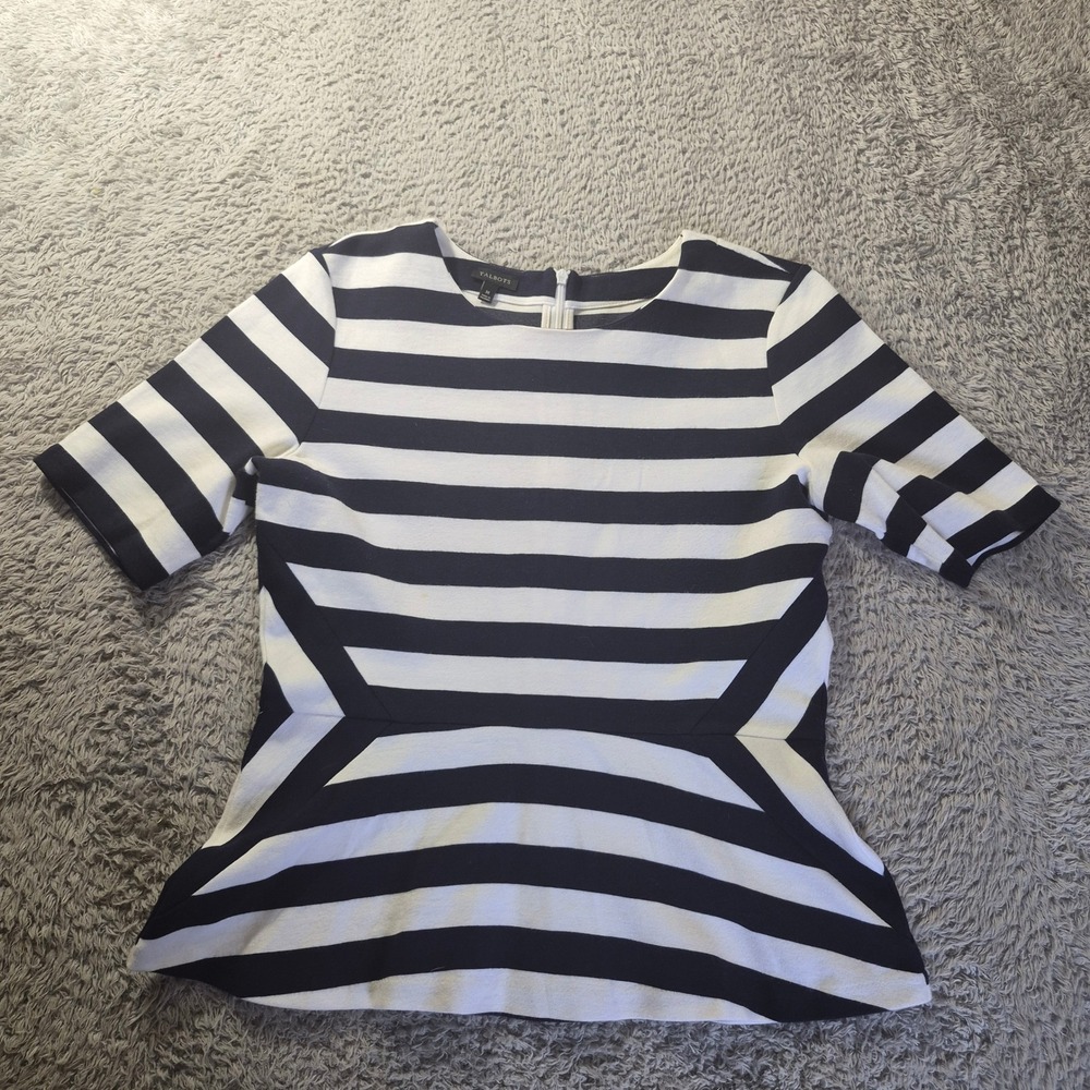 Talbots Striped Peplum Knit Top Womens Size M Navy Blue White Nautical Blouse